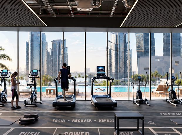 A gym with a yoga and stretching area
